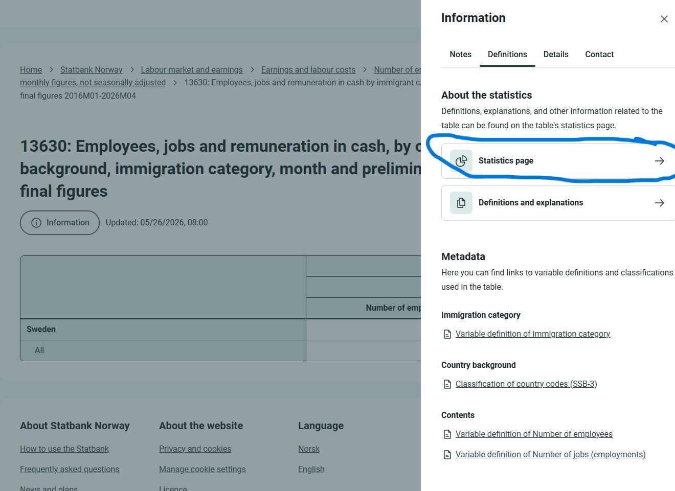 Information pane in PxWeb